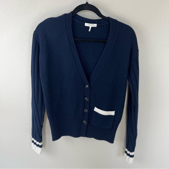 RAG & BONE Navy White Serena Button Front V-Neck Cardigan Sweater Women’s XS - Picture 5 of 16